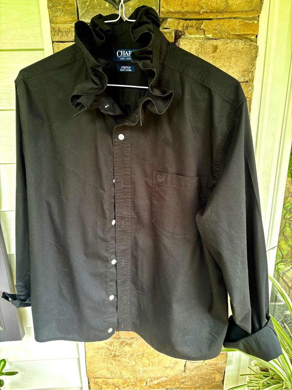 Up-cycled Chaps Ruffle Collar Button-Down Lg Sleeve Shirt Dark black men’s - XL